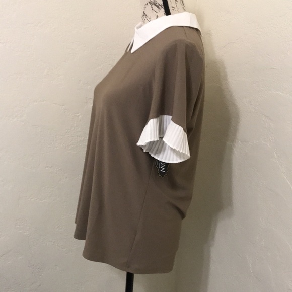 NWT A.U.W Tan blouse shirt with white collar and sleeves size Medium - Picture 3 of 13